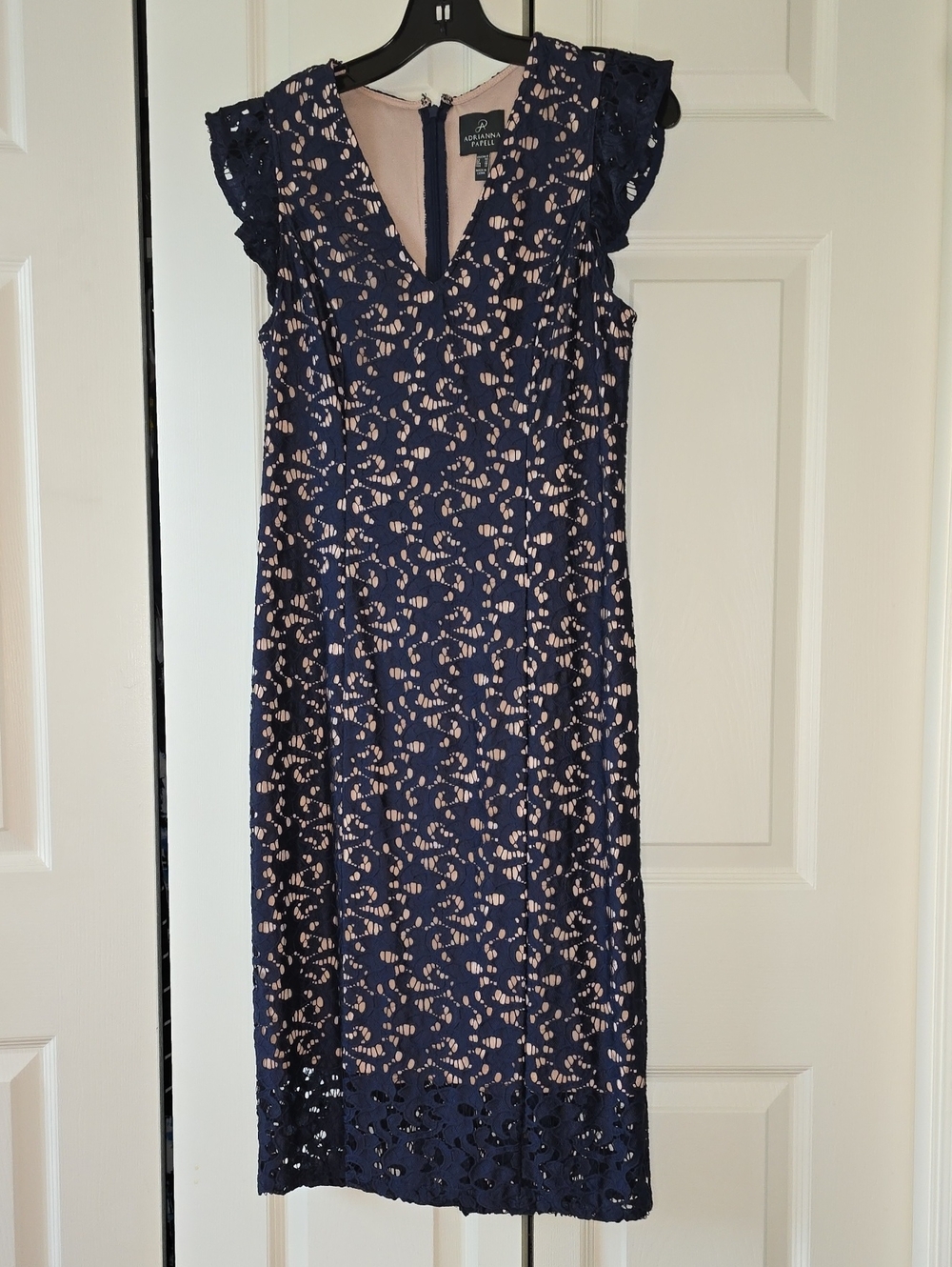 Adrianna Papell Navy Lace Dress with Blush Slip Underlay